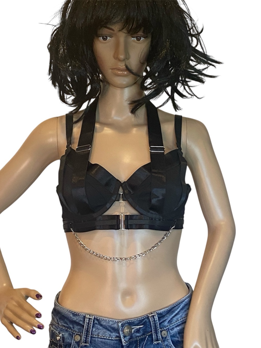 AvidLove Sexy Strappy Lingerie Underwire Push Up Bra with Chain Black Medium NWT